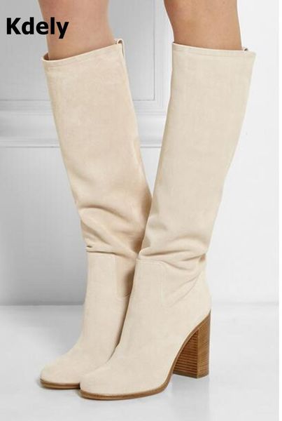 

boots celebrity designer white beige suede leather knee high women 10cm chunky heeled autumn winter platform heel long bota1, Black
