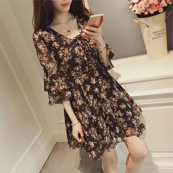 

floral print casual lace women dress sweet three quarter flare sleeve v neck high waist empire mini dresses clothing, Black;gray