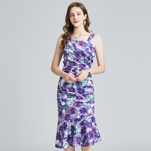 

runway women flower print purple spaghetti strap dress 2021 summer slim draped elegant ruffles party fish tail casual dresses, Black;gray
