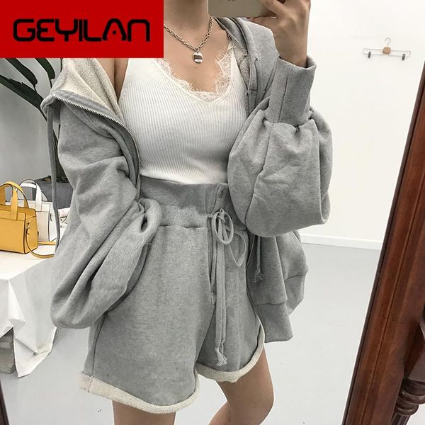 

women autumn cotton solid 2two piece set outfits female hooded zipper puff sleeve long sweatshirts with wide leg short pants women's tw, White