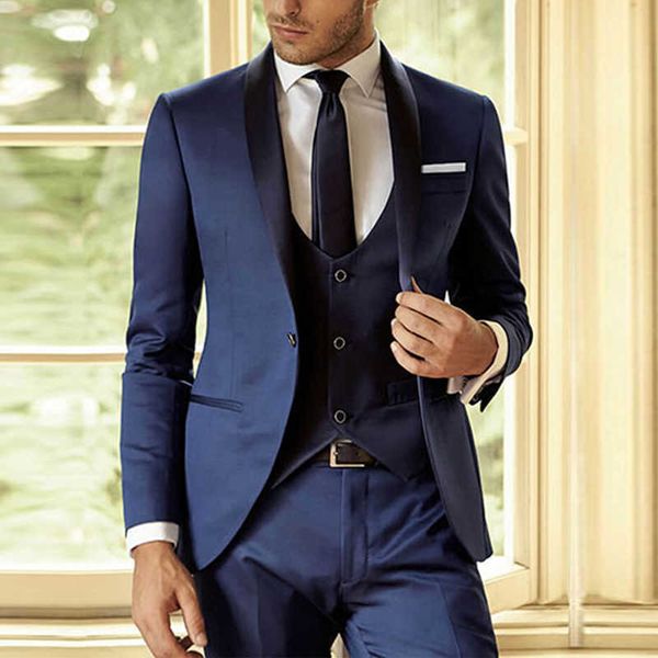 Marinho azul noivo smoking para casamento personalizado magro apto homens terno com calças 3 peça mais recente vestido desenhos masculino moda traje x0909