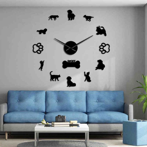 3D Cani e gatti Fai da te Decorativo da parete Muto Grande orologio da parete Animali Adesivo da parete Senza cornice Orologio gigante Decorazioni per la casa Animali domestici Proprietario Regalo H1230