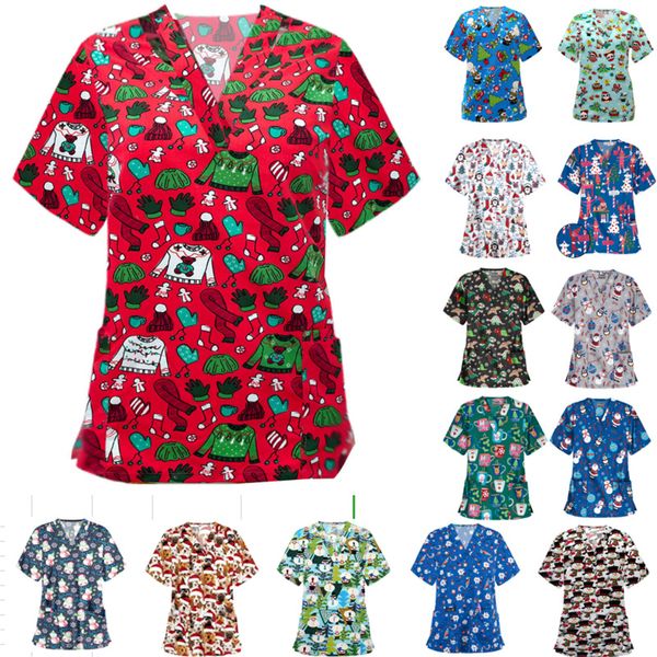 Bayan T-shirt Noel Hemşirelik Scrubs T Gömlek Casual Kısa Kollu V Yaka Cep Üniformaları Tops