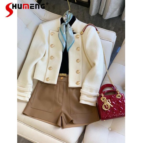 

women's wool & blends 2021 autumn winter ladies white french style elegant coat fashion solid high-end streetwear short wool&blends jac, Black