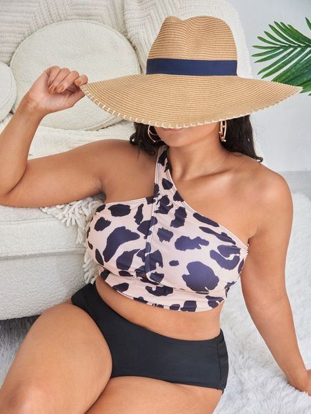 

plus color block one shoulder bikini swimsuit d1j7#, Black