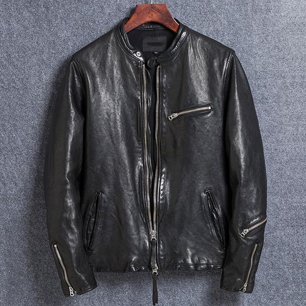 

men's leather & faux 2021 black men slim fit biker's jacket stand collar genuine sheepskin spring fashion motorcycle coat