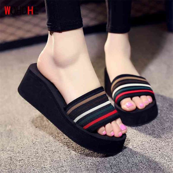 

wohdhe high heels 5.5cm slides elastic shales for women platform beach flip flops light slap summer shoes wedges slippers 210805, Black