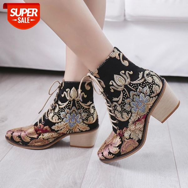 

big size boots women embroidery flower med heel ankle boots comfort autumn winter ankle boots brand designer short booties #rm60