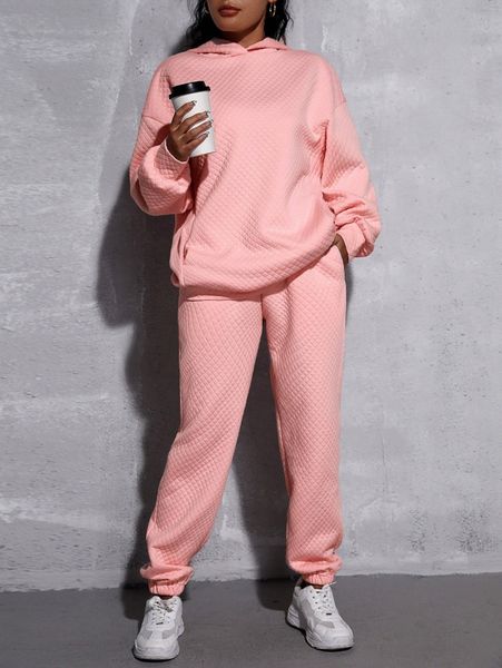 

solid textured drop shoulder hoodie & sweatpants y9vg#, White