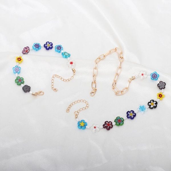 

chokers minar ethnic bohemia colorful glass flowers pendant necklace for women rainbow floral necklaces party beach jewelry, Golden;silver