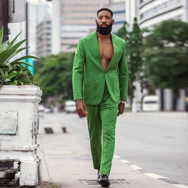 Yakışıklı Yeşil Erkek Takım Elbise Bir Düğme Slim Fit Düğün Smokin Custom Made Zorlu Yaka Iş Adam Giysileri