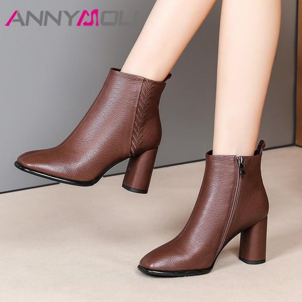 

boots annymoli short women shoes zipper high heel fashion female round toe chunky heels ankle winter black brown 41