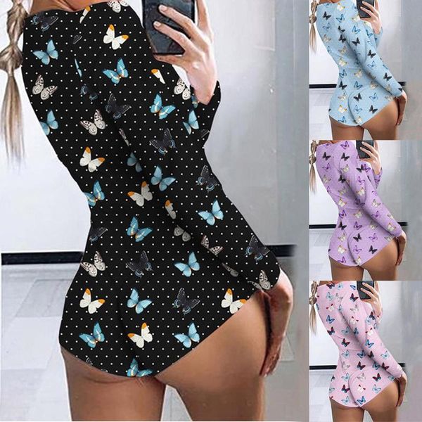 

women's jumpsuits & rompers women bodysuit fashion butterfly printing lounge short romper cotton long sleeve jumpsut beach wear wrap ju, Black;white