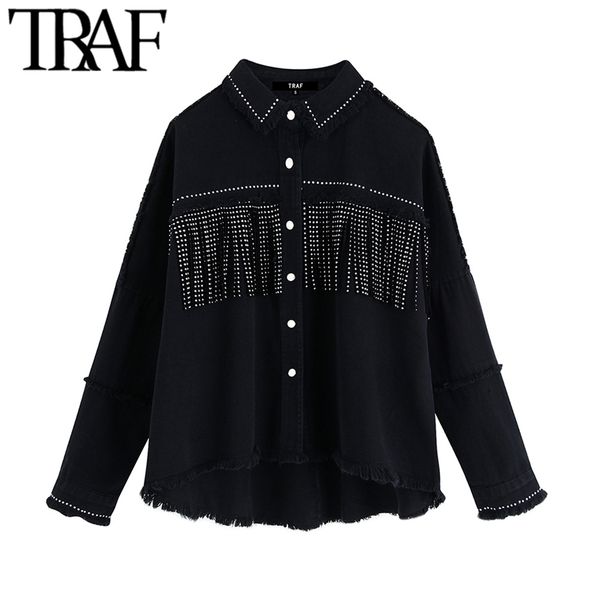 

traf women stylish tassel beaded oversized denim jacket coat vintage fashion long sleeve frayed trim outerwear chic loose 210818, Black;brown