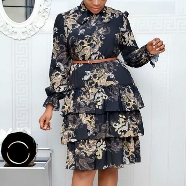 

women printed dresses long sleeves bowtie cake dress female ruffles pleated africn fashion lovely date sweet vestidos plus size 210416, Black;gray