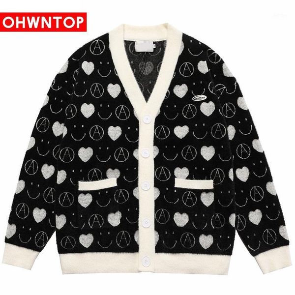 

men's jackets harajuku streetwear cardigans sweaters heart face knitted sweater hip hop casual loose mens knitwear all-match fashion 2, Black;brown