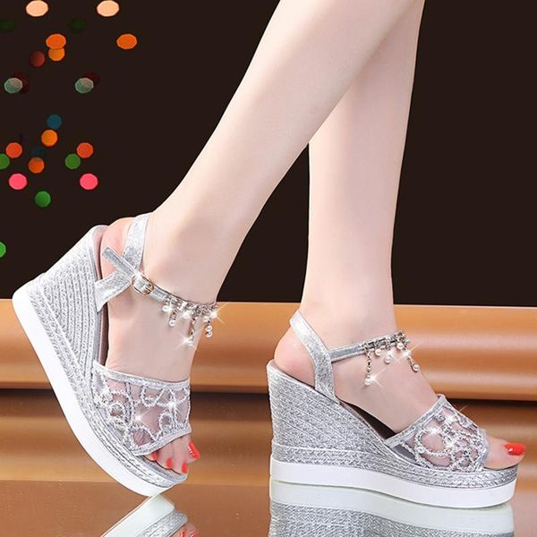 

fretwork buckle strap wedges platforms women's sandal fashion mesh crystal high heels sandals chaussure femme, Black
