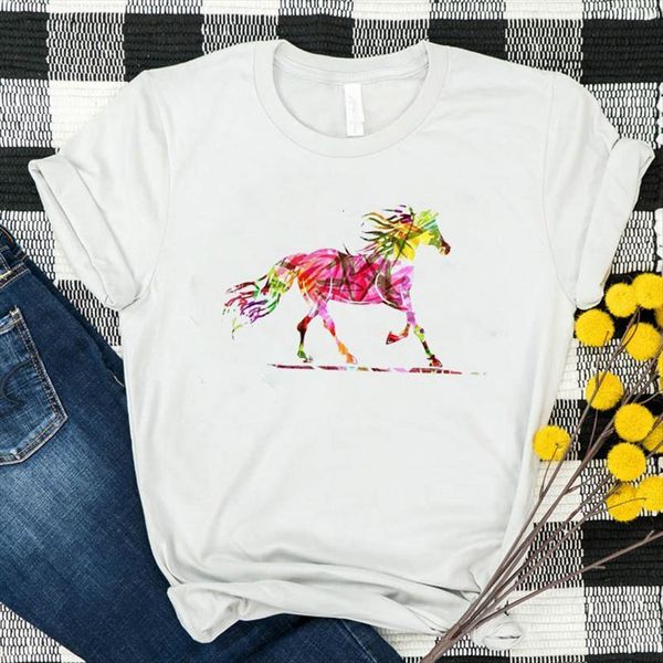 

horse animal printed short sleeve women t shirts loose tee clothes graphic, White