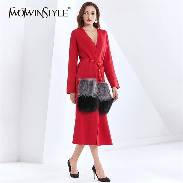 

vintage patchwork fluff trench for women v neck long sleeve hit color casual windbreaker female fashionable 210524, Tan;black