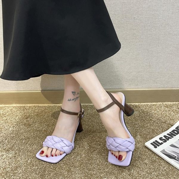 

sandals summer high heels woven ladies square toe ankle straps round fashion shoes women, Black