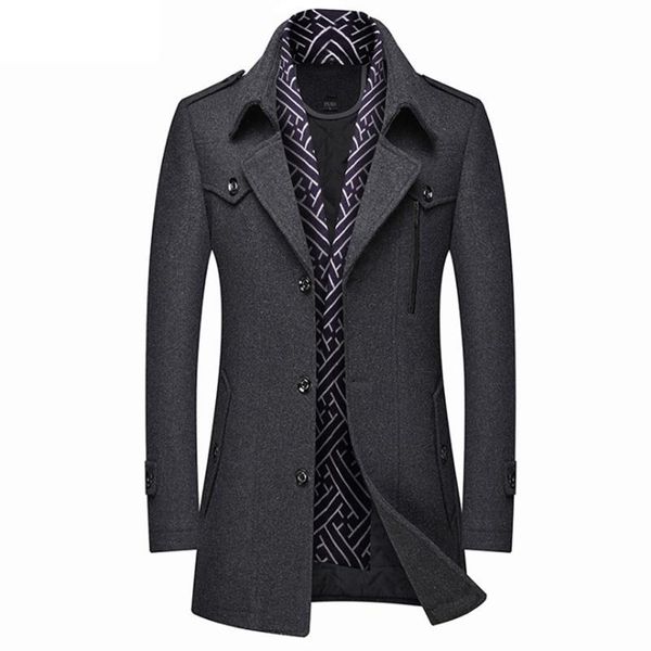 

men's wool & blends brand men coats scarf collar thick trench coat winter casual long woolen cold resistant overcoat, Black