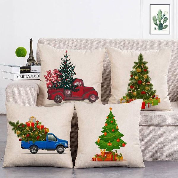 Almofada/travesseiro decorativo caminhão vermelho árvore de Natal Padrão de almofada capa de sofá de casa decorativa 45x45cm Fundas de Cojin T319