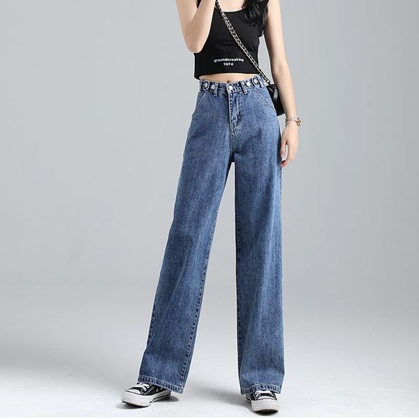 

zoki autumn women jean fashion loose high waist button denim casual cotton wide leg full pants korean streetwear female trousers women', Blue