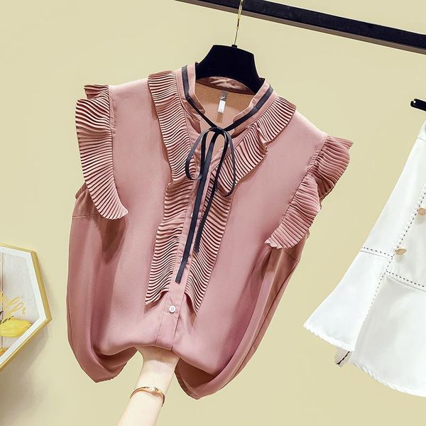 

women's blouses & shirts korean style ruffles sleeveless bow chiffon shirt 2021 summer ladies female blouse a3472, White