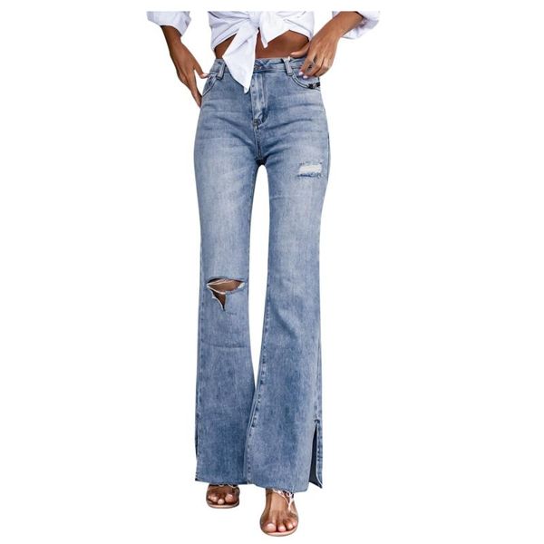 

women's jeans women button high waist pocket elastic ripped hole wide leg trousers slim causal vintage denim pants pantalon pour femme, Blue