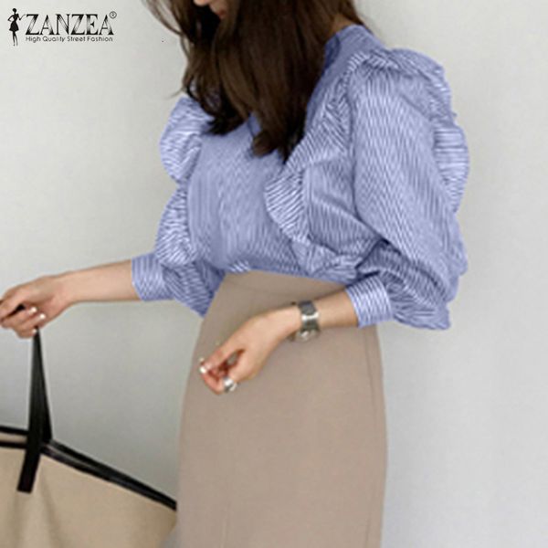 

blouses 2021 stylish ruffle shirts women's striped blouse spring casual puff sleeve blusas female o neck chemise oversized tunic, White