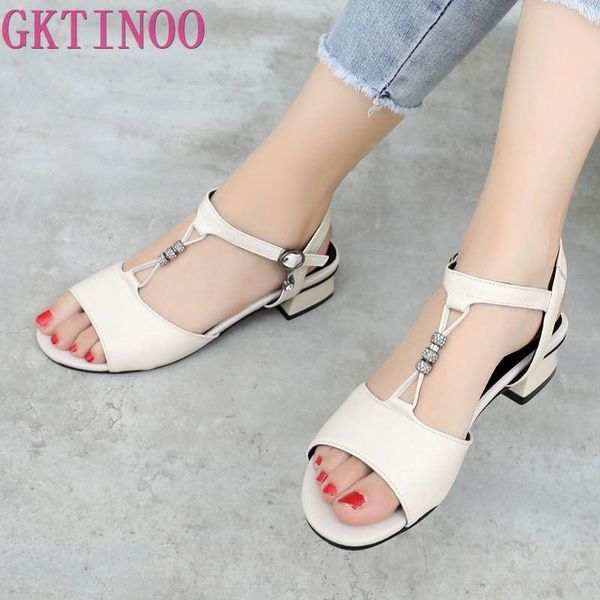 

dress shoes gktinoo female sandals genuine leather ladies high heels buckle strap for women summer plus size 35-43, Black