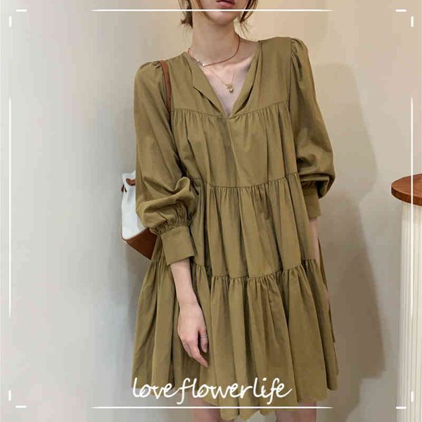 

loveflowerlife women spring summer v-neck oversize high waist korean elegant vintage pleated wild white women dress 210521, Black;gray