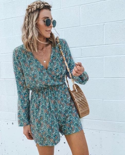 

women's jumpsuits & rompers floral print loose autumn playsuit casual long sleeve wrap v neck shorts jumpsuit women elegant bohemian ov, Black;white