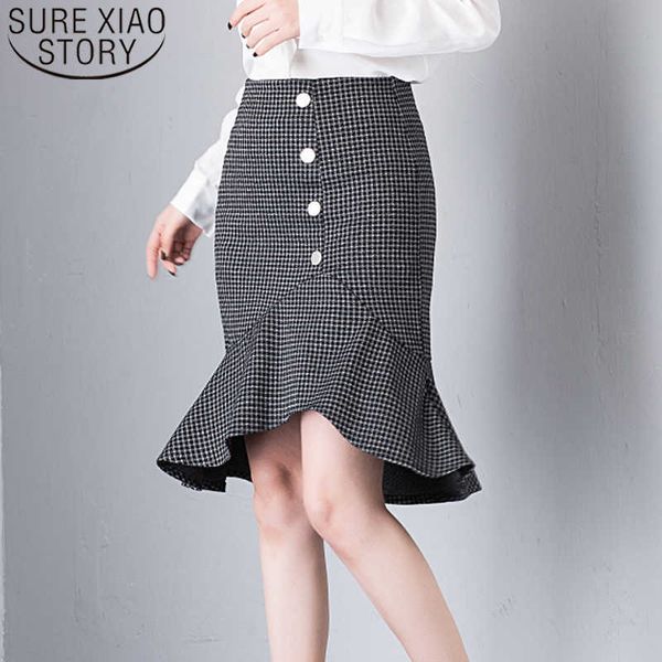 

summer korean-style slim fit ruffled one-step skirt high waist chic fishtail women hip plaid 8818 50 210527, Black