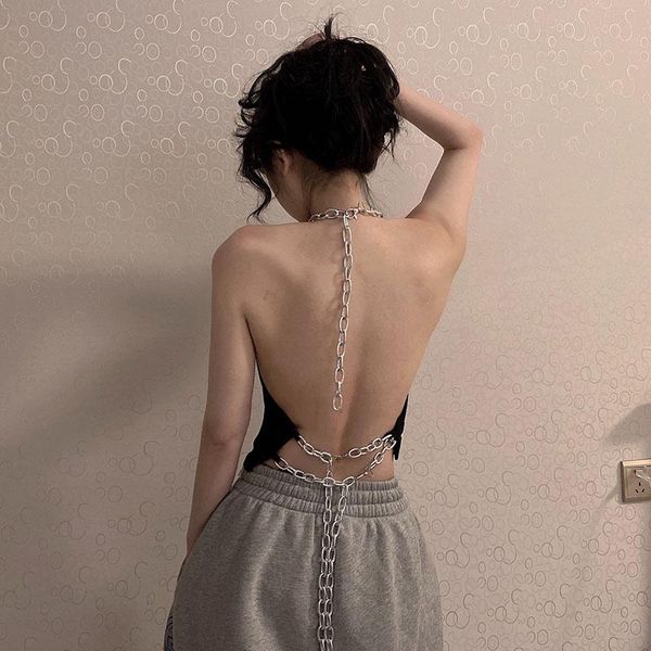

women's t-shirt black women crop 2021 fashion clothing y2k aesthetic summer backless t-shirts metal chain halter off shoulder tees, White