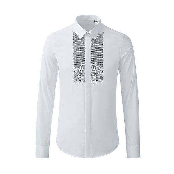 Preto e Branco Strass Hot Stamping No Peito Camisa Masculina Manga Longa Fina Chemise Homme Camisas Masculinas de Alta Qualidade