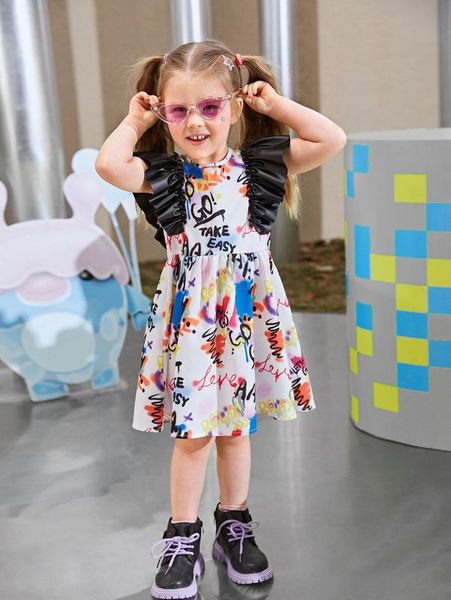 

toddler girls leather look ruffle trim letter and tie dye dress she, Red;yellow