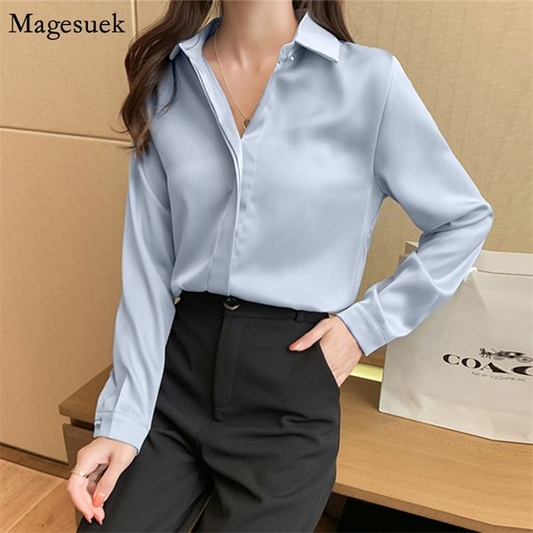 Moda Manga Longa Silk Camisa Mulher Escritório Senhora Solta-Breasted Blusa Sólida Mulheres Primavera Feminino Tops Blusas 10618 210512