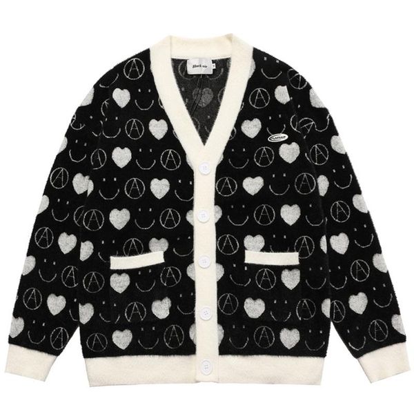 

men's sweaters men harajuku heart knit cardigan winter oversized couple knitwear male casual loose vintage color block pullover, White;black