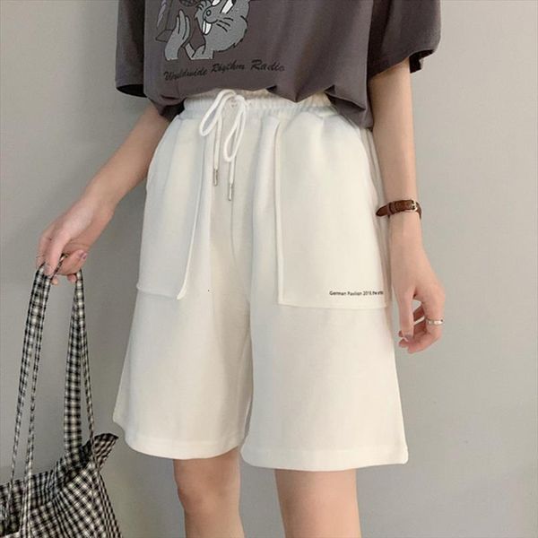 

knee length summer high waist women pant wide leg short drawstring style cotton white casual loose jogger trousers, Black;white