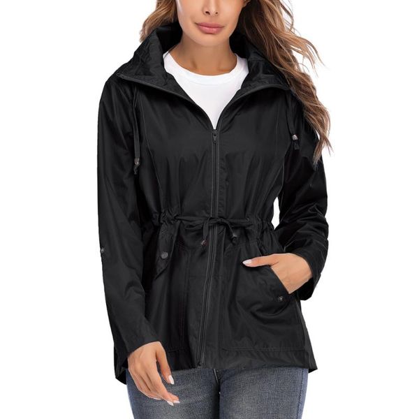 

women's trench coats women autumn winter warm lightweight raincoat solid windproof jacket hooded hiking long rainwear active waterproof, Tan;black