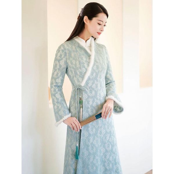 

ethnic clothing autumn winter women long sleeve qipao chinese dress hanfu traditional cheongsam female vestido chino zen thicken coat elegan, Red