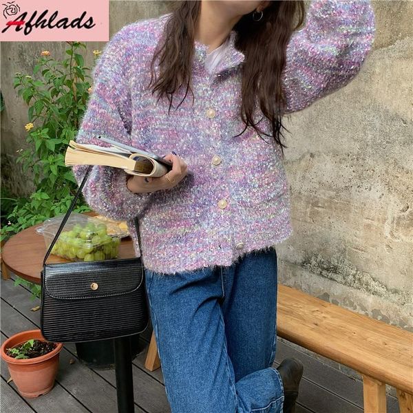 

women's jackets korean style small fragrance long sleeved outerwear autumn and winter loose round neck single-breasted sweater coat, Black;brown