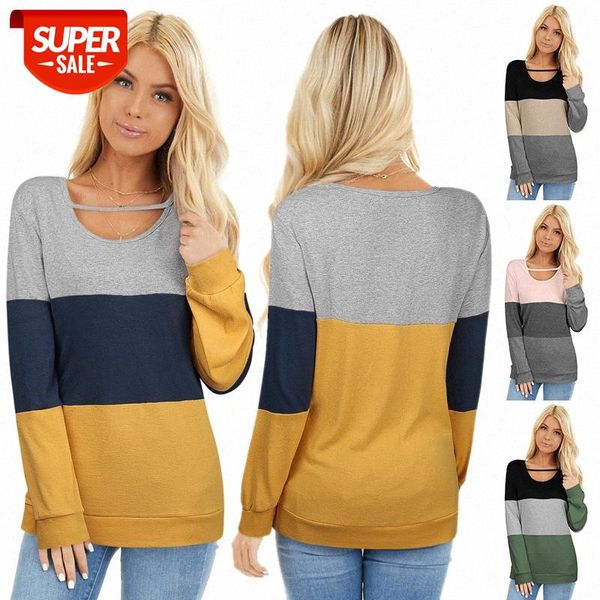 

[in stock]european and american women's casual stitching long-sleeved loose hedging bottoming t-shirt women #6b8e, White