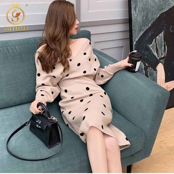 

fashion women dot knitted dresses winter long sleeve thick warm v neck slim sweater vestidos 210520, Black;gray