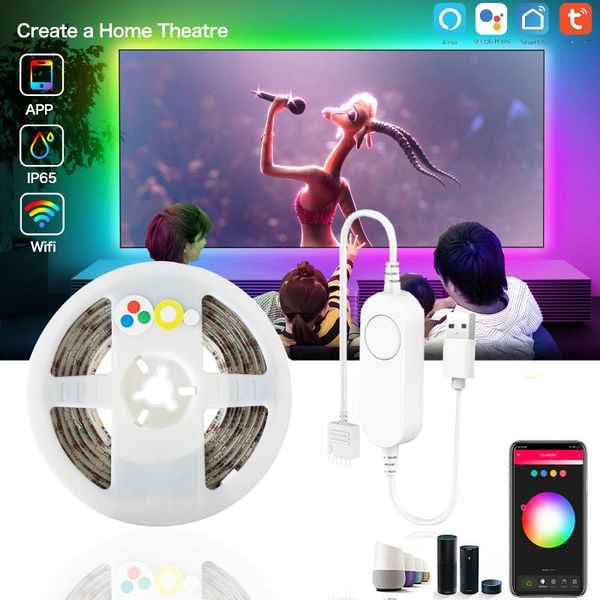 

mini usb wifi tuya smart life controller+ 3m 5v rgbcct rgb+2835 cct rgbcw tv/pc led strip light kit with echo google home strips