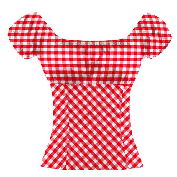 

vintage 80s red white plaid womens holiday picnic crop slash neck blouses cotton low back peasant pin up clothing women's & shirts
