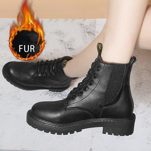 

boots winter snow ankle boot platform low mid heel round toe black zip lace up plus fur warm handmade ladies shoes female 2021