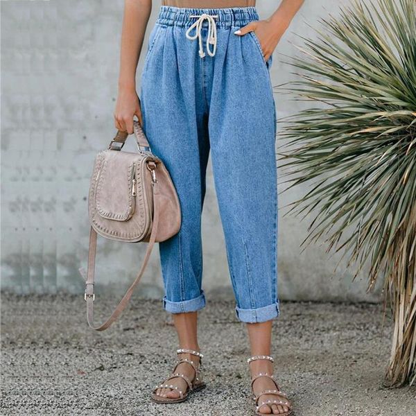 

women's jeans blue straight leg autumn women fashion drawstring elastic high waist baggy vintage washed mom denim pants streetwear