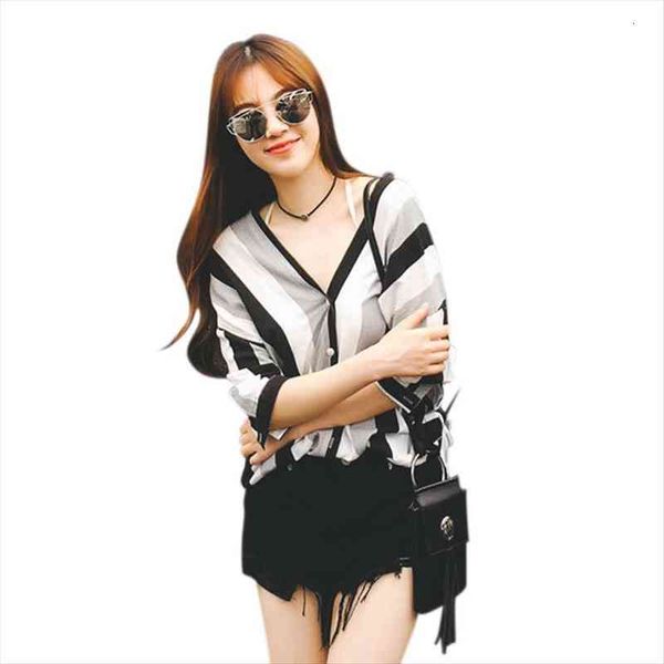 

striped simple deep womens blouses v neck office long female basic wild button half sleeves temperament camisa, White